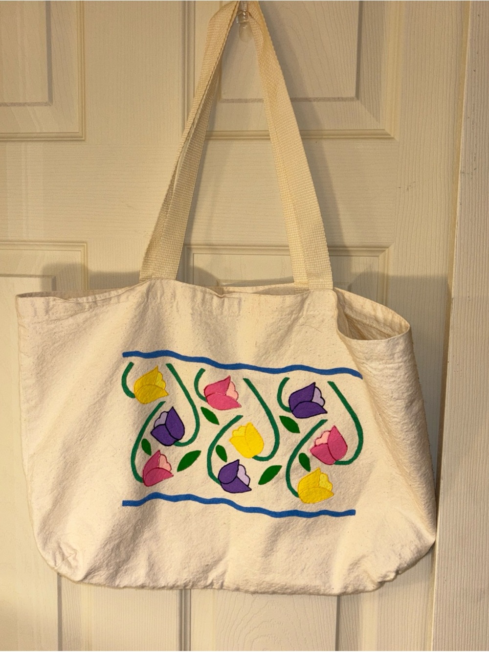 Cream Canvas Floral Tote Bag with Multicolor Tulips